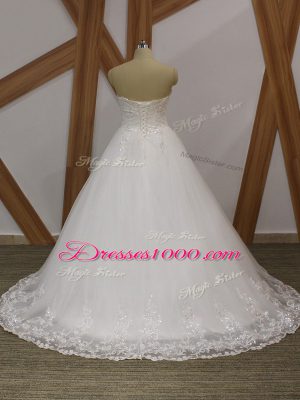 Flirting White Organza Lace Up Wedding Dresses Sleeveless Brush Train Lace and Appliques