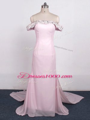 Baby Pink Prom Dress Off The Shoulder Sleeveless Watteau Train Zipper