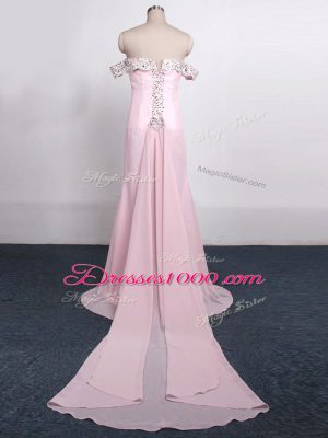 Baby Pink Prom Dress Off The Shoulder Sleeveless Watteau Train Zipper