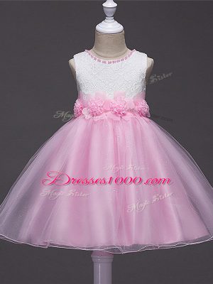 Customized Knee Length Baby Pink Pageant Gowns For Girls Scoop Sleeveless Zipper
