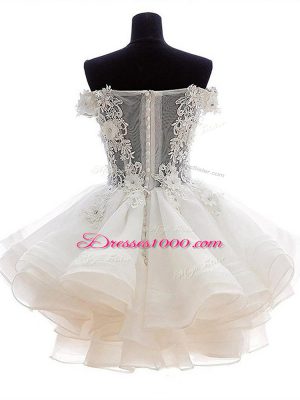 Fabulous Off The Shoulder Sleeveless Party Dress for Girls Mini Length Beading and Lace and Ruffles White Organza