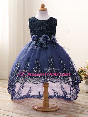 Modern Navy Blue Scoop Zipper Lace and Appliques and Bowknot and Hand Made Flower Casual Dresses Sleeveless