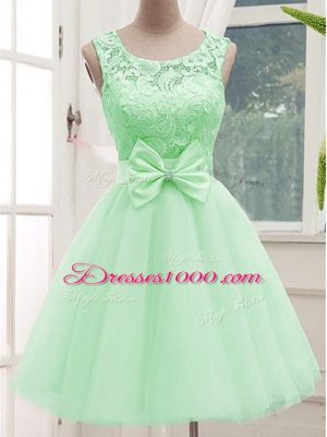 Sleeveless Tulle Knee Length Lace Up Wedding Party Dress in Apple Green with Lace and Bowknot