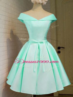 Cap Sleeves Knee Length Belt Zipper Bridesmaid Gown with Turquoise
