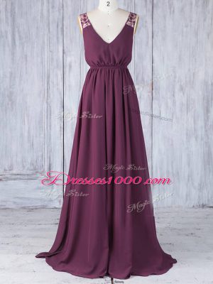 Burgundy Chiffon Backless Bridesmaid Gown Sleeveless Floor Length Appliques