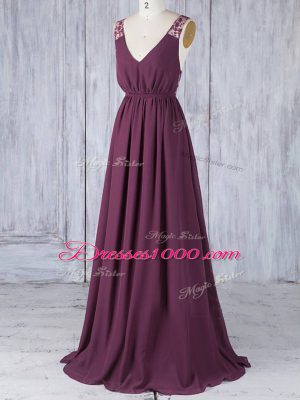 Burgundy Chiffon Backless Bridesmaid Gown Sleeveless Floor Length Appliques