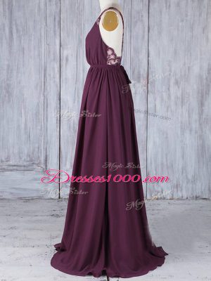 Burgundy Chiffon Backless Bridesmaid Gown Sleeveless Floor Length Appliques