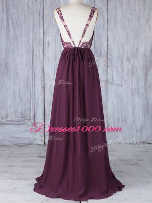 Burgundy Chiffon Backless Bridesmaid Gown Sleeveless Floor Length Appliques