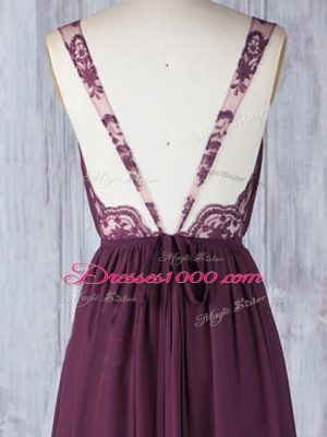 Burgundy Chiffon Backless Bridesmaid Gown Sleeveless Floor Length Appliques