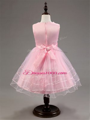 Custom Made Baby Pink Zipper Little Girls Pageant Gowns Ruffled Layers and Hand Made Flower Sleeveless Knee Length