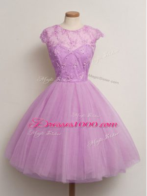 Edgy Lilac Quinceanera Court Dresses Prom and Party and Wedding Party with Lace Scoop Cap Sleeves Lace Up