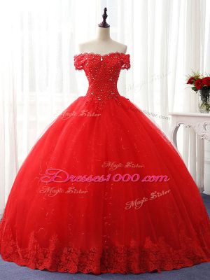Red Off The Shoulder Lace Up Beading and Ruffles Quinceanera Gowns Sleeveless