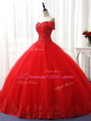 Red Off The Shoulder Lace Up Beading and Ruffles Quinceanera Gowns Sleeveless