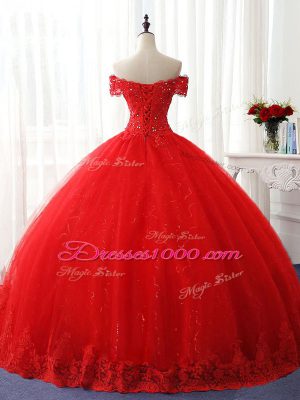 Red Off The Shoulder Lace Up Beading and Ruffles Quinceanera Gowns Sleeveless