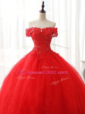 Red Off The Shoulder Lace Up Beading and Ruffles Quinceanera Gowns Sleeveless