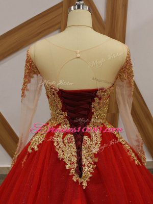 Wine Red Scoop Neckline Beading and Appliques 15th Birthday Dress Long Sleeves Lace Up