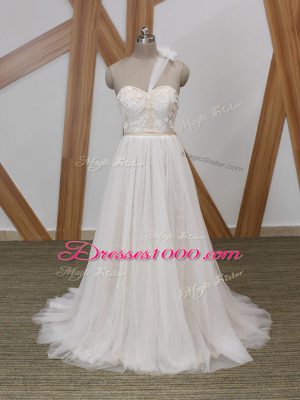 Deluxe White Wedding Gown Tulle Brush Train Sleeveless Lace and Appliques