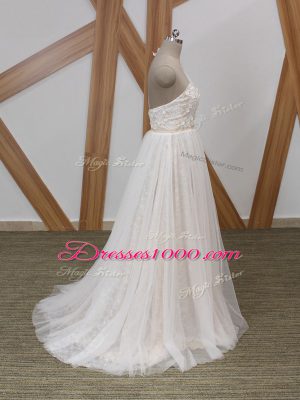 Deluxe White Wedding Gown Tulle Brush Train Sleeveless Lace and Appliques