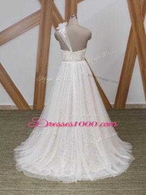 Deluxe White Wedding Gown Tulle Brush Train Sleeveless Lace and Appliques