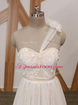 Deluxe White Wedding Gown Tulle Brush Train Sleeveless Lace and Appliques