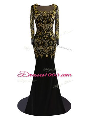 Black Column/Sheath Chiffon Scoop Long Sleeves Beading Zipper Formal Evening Gowns Brush Train