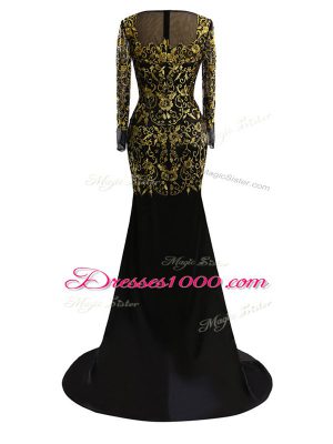 Black Column/Sheath Chiffon Scoop Long Sleeves Beading Zipper Formal Evening Gowns Brush Train