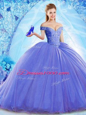Great Blue Off The Shoulder Lace Up Beading Quinceanera Gowns Brush Train Sleeveless