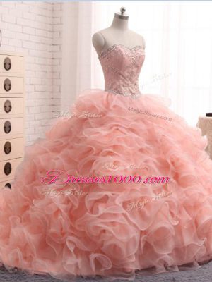 Wonderful Pink Sweetheart Neckline Beading and Ruffles Quince Ball Gowns Sleeveless Zipper