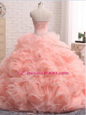 Wonderful Pink Sweetheart Neckline Beading and Ruffles Quince Ball Gowns Sleeveless Zipper