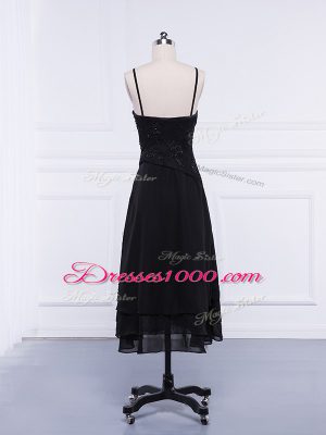 Black Chiffon Zipper Straps Sleeveless Tea Length Mother of the Bride Dress Lace and Appliques