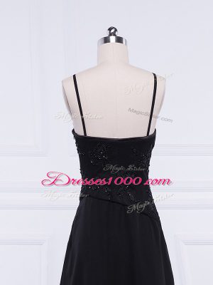 Black Chiffon Zipper Straps Sleeveless Tea Length Mother of the Bride Dress Lace and Appliques