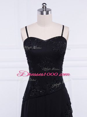 Black Chiffon Zipper Straps Sleeveless Tea Length Mother of the Bride Dress Lace and Appliques