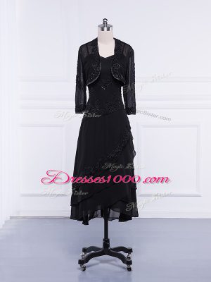 Black Chiffon Zipper Straps Sleeveless Tea Length Mother of the Bride Dress Lace and Appliques