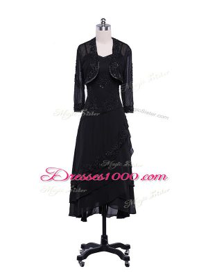 Black Chiffon Zipper Straps Sleeveless Tea Length Mother of the Bride Dress Lace and Appliques