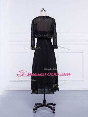 Black Chiffon Zipper Straps Sleeveless Tea Length Mother of the Bride Dress Lace and Appliques