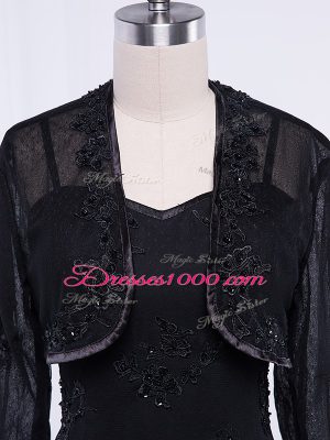 Black Chiffon Zipper Straps Sleeveless Tea Length Mother of the Bride Dress Lace and Appliques