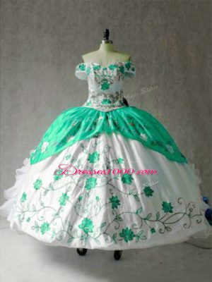Multi-color Off The Shoulder Lace Up Embroidery and Ruffles Ball Gown Prom Dress Cap Sleeves