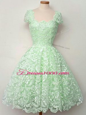 Edgy A-line Wedding Party Dress Apple Green Straps Lace Cap Sleeves Knee Length Lace Up