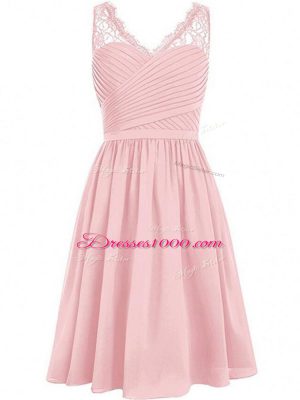 Fantastic V-neck Sleeveless Bridesmaids Dress Knee Length Lace and Ruching Pink Chiffon