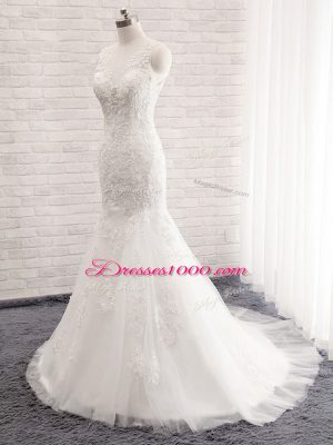 Excellent White Clasp Handle Wedding Gown Lace Sleeveless Brush Train