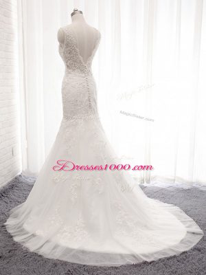 Excellent White Clasp Handle Wedding Gown Lace Sleeveless Brush Train