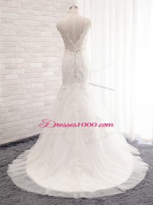 Excellent White Clasp Handle Wedding Gown Lace Sleeveless Brush Train