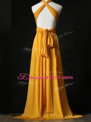 Comfortable Sweep Train Empire Bridesmaid Dress Orange Halter Top Chiffon Sleeveless Criss Cross