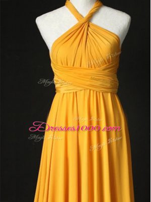 Comfortable Sweep Train Empire Bridesmaid Dress Orange Halter Top Chiffon Sleeveless Criss Cross