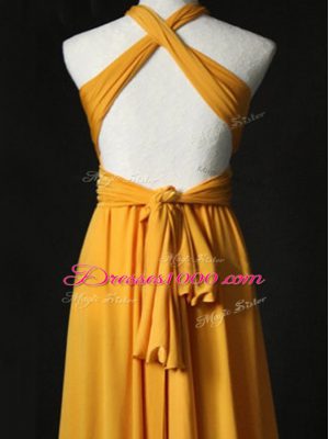 Comfortable Sweep Train Empire Bridesmaid Dress Orange Halter Top Chiffon Sleeveless Criss Cross