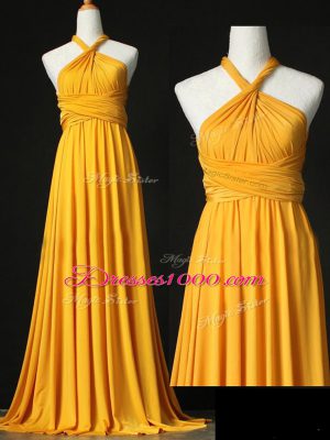 Comfortable Sweep Train Empire Bridesmaid Dress Orange Halter Top Chiffon Sleeveless Criss Cross