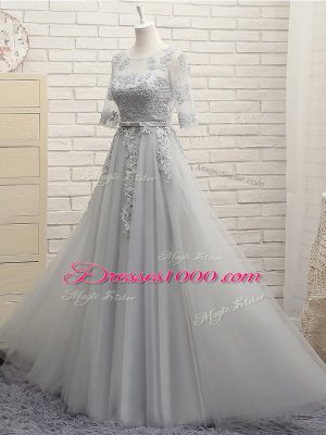 Tulle Half Sleeves Floor Length Dama Dress and Appliques