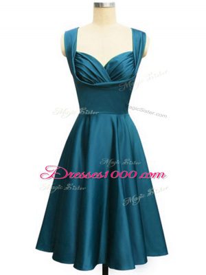 Eye-catching Teal Lace Up Wedding Party Dress Ruching Sleeveless Knee Length