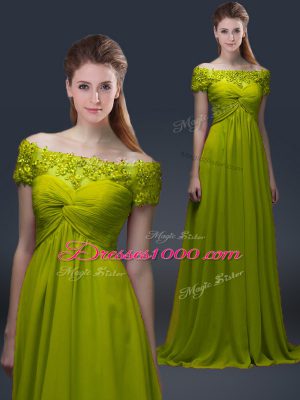 Sweet Olive Green A-line Appliques Mother Dresses Lace Up Satin Short Sleeves Floor Length