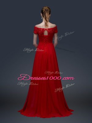 Sweet Olive Green A-line Appliques Mother Dresses Lace Up Satin Short Sleeves Floor Length